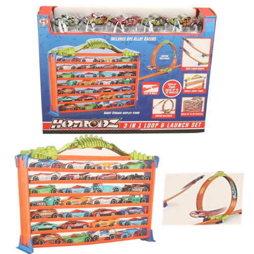 HotRodz 3-in-1 Loop & Launch Set with 28 Vehicles & Storage Case (36x28x6cm) (3+ YRS)