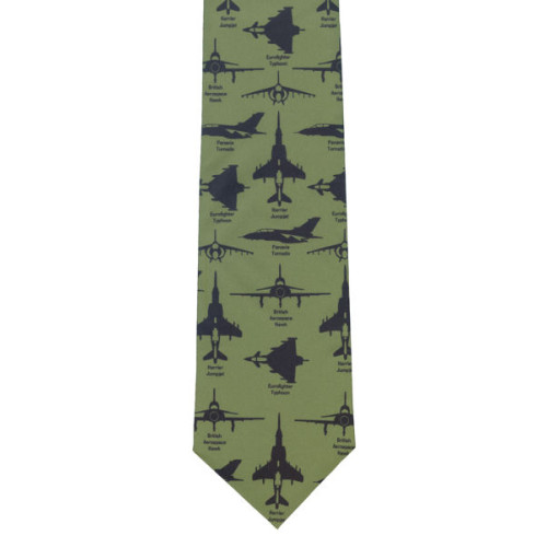 Men's Tie: British Fighter Planes on Green (Hawk / Tornado / Typhoon / Harrier)