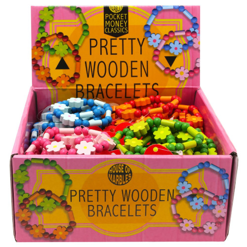 Pretty Wooden Bracelets with Flowers & Beads 7cm (CDU)