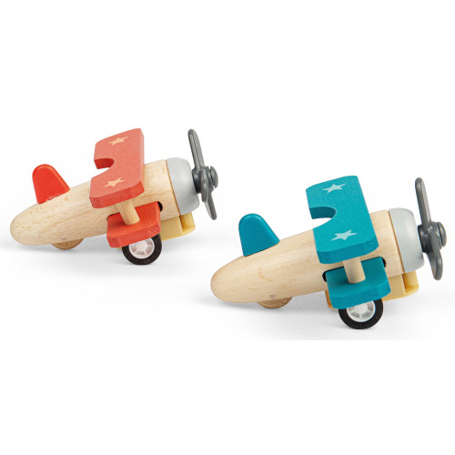 Bigjigs Pull Back Wooden Bi-Planes 2 asstd. (90 x 98 x 53mm) (display box) (3+ YRS)
