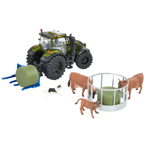 Britains 43323: Metallic Olive Green Valtra Playset (+ Cow Feeder + Bale Lifter)