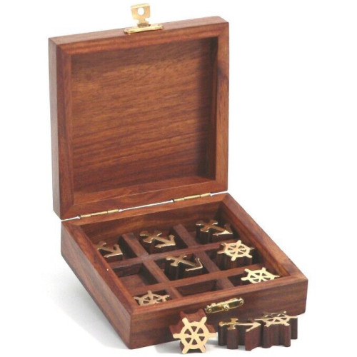 Tic-Tac-Toe Game (Wooden Pieces with Brass Tops in Wooden Decorative Box) (10cmx10cm) (NEW)