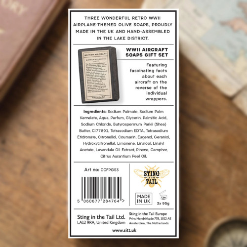 Retro Soaps: WWII Aircraft Soap Gift Set - Spitfire, Lancaster & Hurricane (3 x 95g Vegan Olive Soap) (NEW)