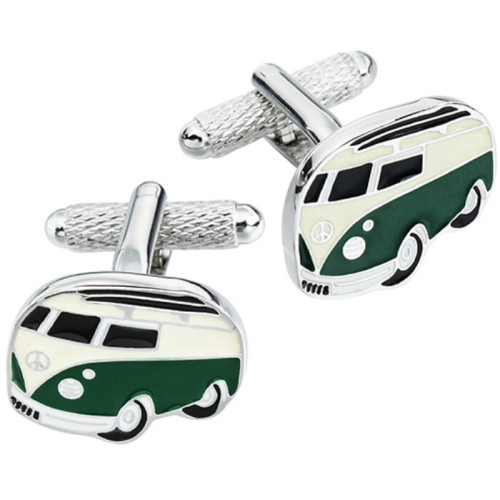 Brass / Rhodium Plated Cufflinks - Camper Van Green