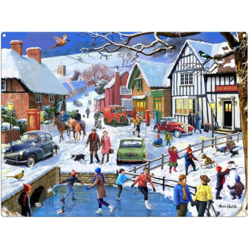 Metal Fridge Magnet (CM): Winter in the Village (Morris Minor, Mini, etc.)