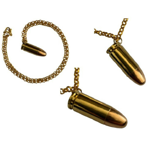 Necklace: 9mm Brass Real Fired Bullet on 18 inch Gold Chain (styles vary)