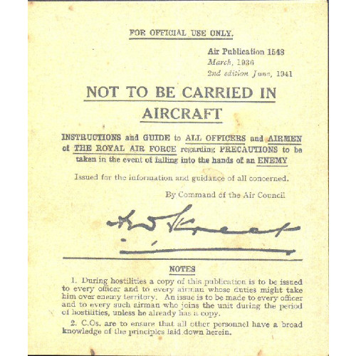 Replica "Not to be carried" WW2 Pilots' Instruction Card (WW2)