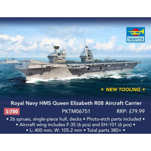 Trumpeter 1:700 Warship Kit - Royal Navy HMS Queen Elizabeth R08 Aircraft Carrier (NEW)
