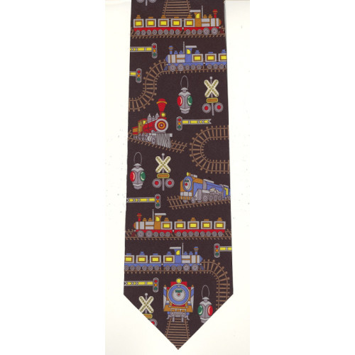 Men's Tie: Steam Trains with Track & Signals (Black)