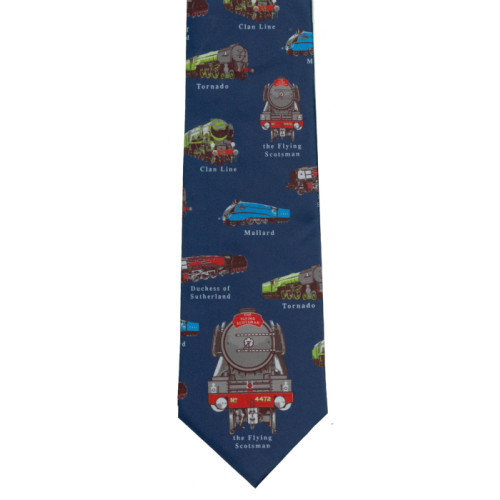 Men's Tie: British Steam Trains on Blue (Incl. Flying Scotsman, Tornado, Mallard)