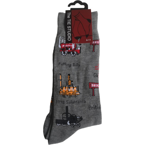 Socks Adults Size 6-11: History of Trains on Grey