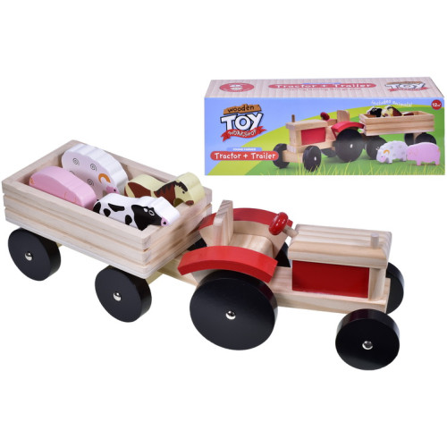 Wooden Toy Tractor & Trailer Playset in Colour Box (32.5x11.5x9.2cm) (12 MTHS+)