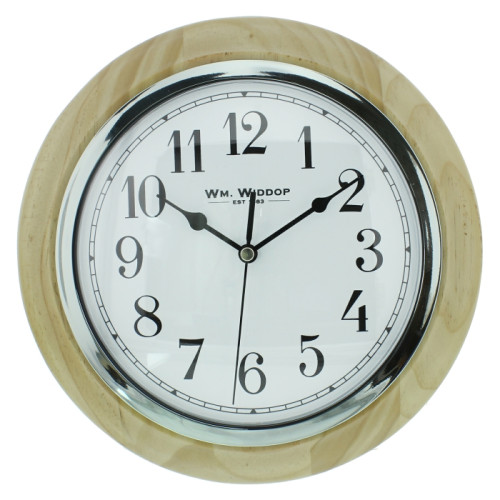 Wm. Widdop 10" Natural Pine / Chrome Arabic Dial Wall Clock (E.O.L.) - SAVE 10% !!