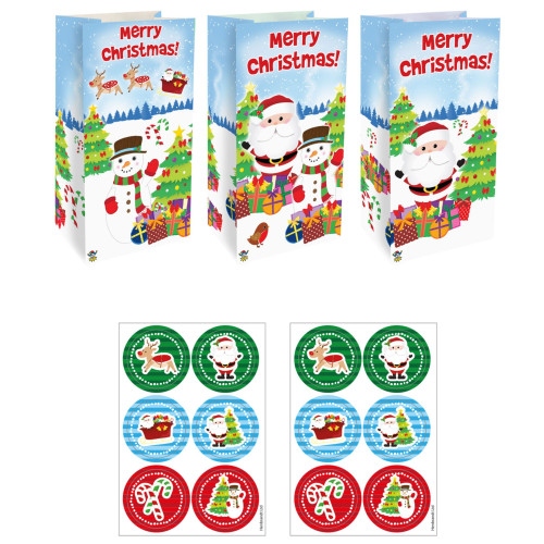 Merry Christmas Festive Paper Party Bag with Stickers (13 x 25 x 8cm) (3 asstd. Designs) (NEW)
