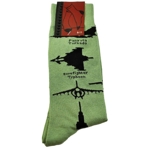 Socks Adults Size 6-11: British Fighter Planes on Green (Hawk / Tornado / Typhoon / Harrier) (NEW)