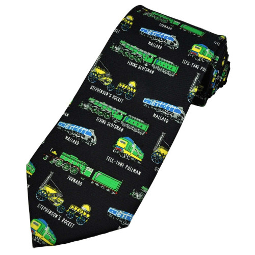 Men's Tie: Great British Trains on Black (Incl. Flying Scotsman, Rocket, Mallard, Deltic) (NEW)