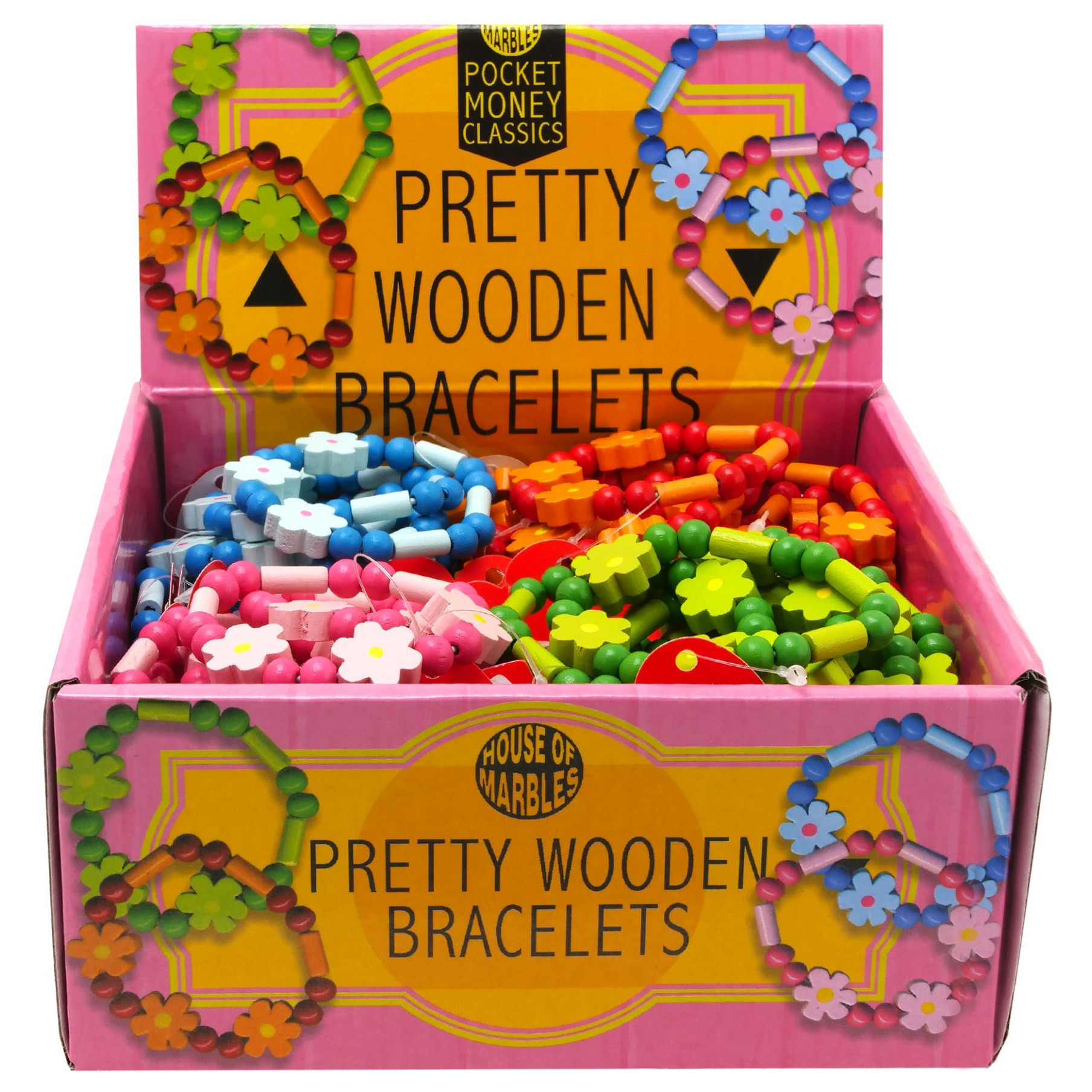 Pretty Wooden Bracelets with Flowers & Beads 7cm (CDU)