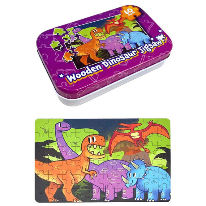 Wooden Dinosaur Puzzle 60 Pce in a Tin (13x8.5x3cm) (3+ YRS)