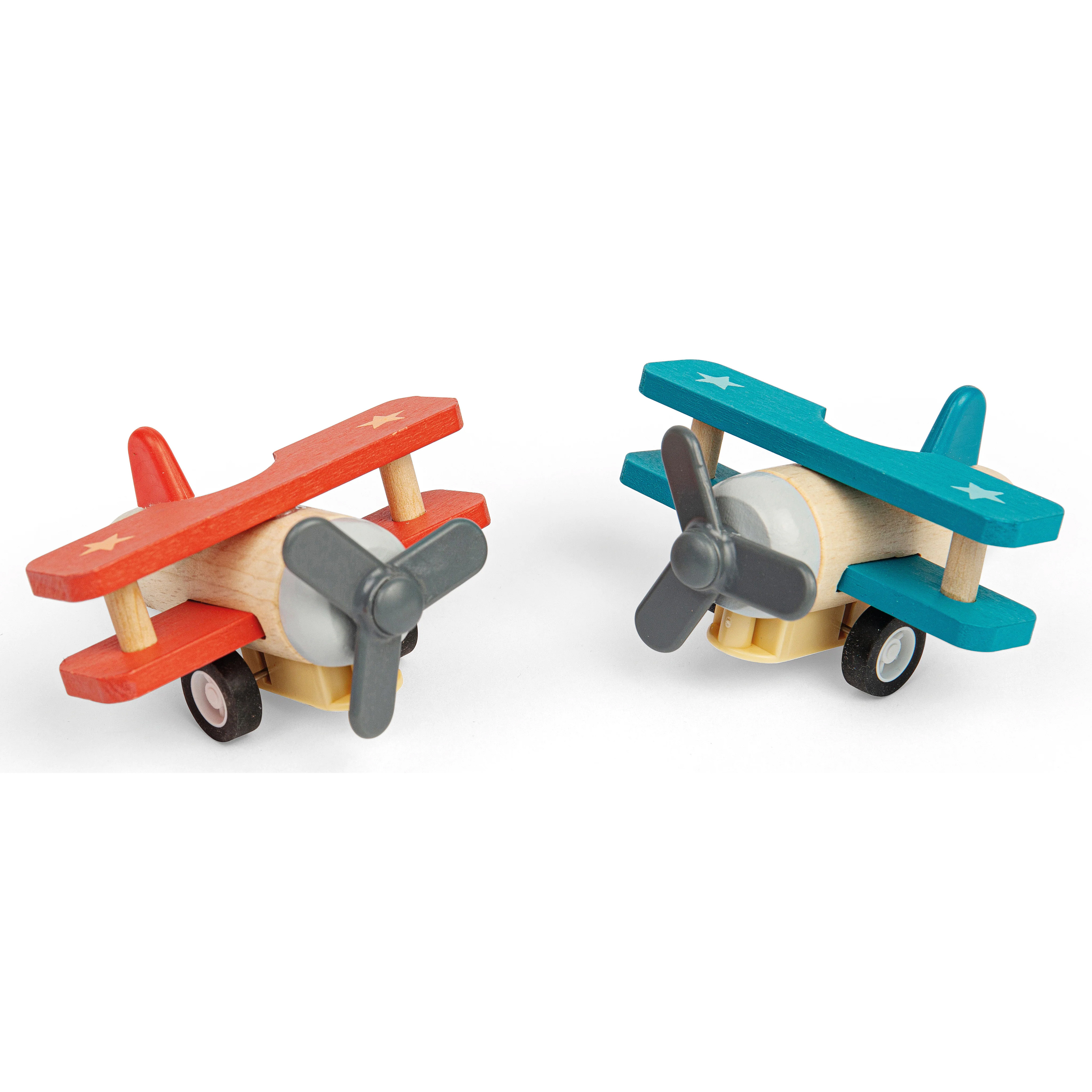 Bigjigs Pull Back Wooden Bi-Planes 2 asstd. (90 x 98 x 53mm) (display box) (3+ YRS)