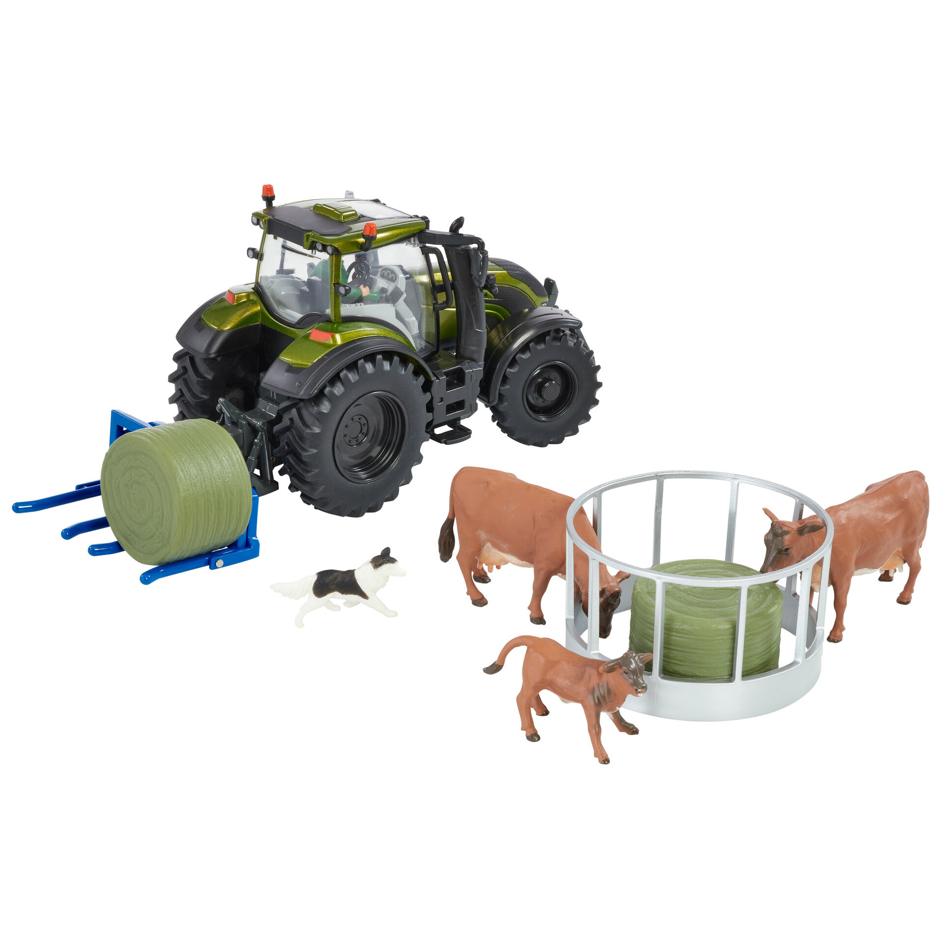 Britains 43323: Metallic Olive Green Valtra Playset (+ Cow Feeder + Bale Lifter)
