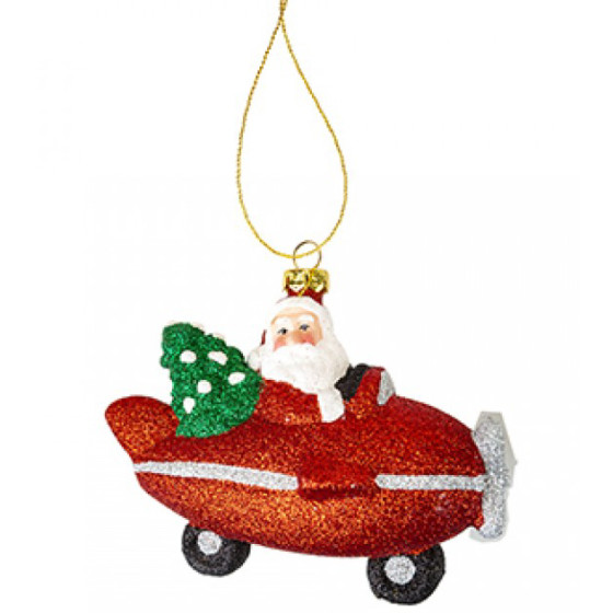 Christmas Flying Glitter Santa in Plane Hanging Tree Decoration (E.O.L.)