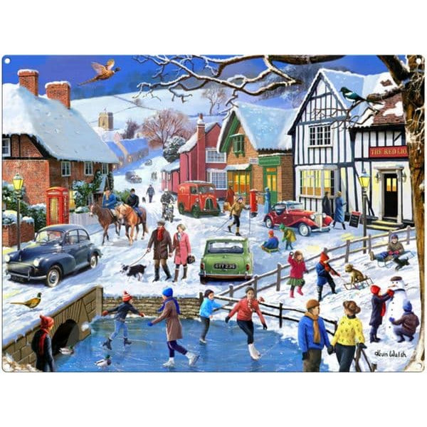 Metal Sign (CM): Winter in the Village (Morris Minor, Mini, etc.) (E.O.L.) - SAVE 25% !!
