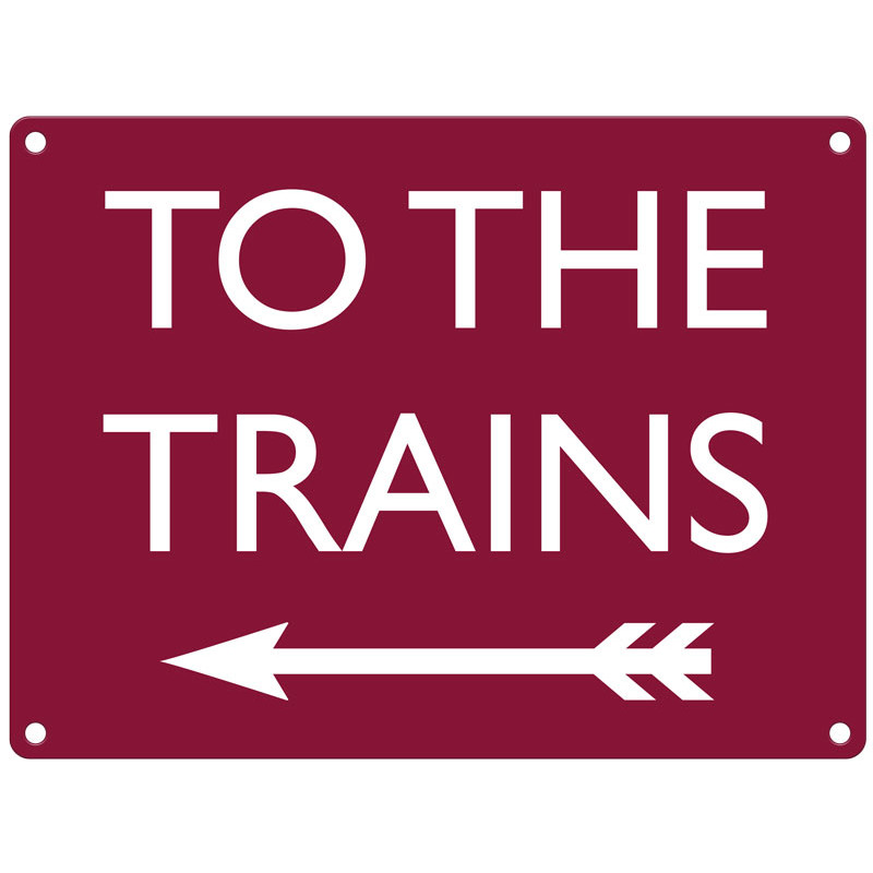 Mini Metal Sign (RL): To The Trains - Left Arrow (Maroon) (NEW)