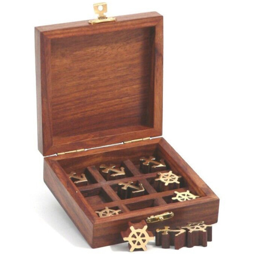 Tic-Tac-Toe Game (Wooden Pieces with Brass Tops in Wooden Decorative Box) (10cmx10cm) (NEW)