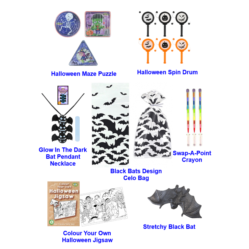 Halloween Pre-packed Gift Bag: Std. Rated (&Acirc;&pound;1.35 RANGE) (2025 - Black Bats Design Cello Bags)