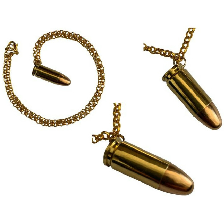 Necklace: 9mm Brass Real Fired Bullet on 18 inch Gold Chain (styles vary)