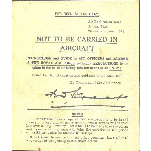 Replica "Not to be carried" WW2 Pilots' Instruction Card (WW2)