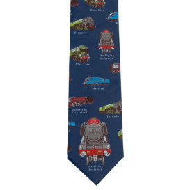 Men's Tie: British Steam Trains on Blue (Incl. Flying Scotsman, Tornado, Mallard)