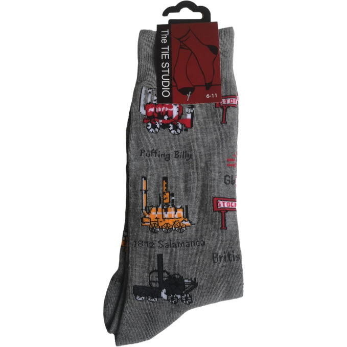 Socks Adults Size 6-11: History of Trains on Grey
