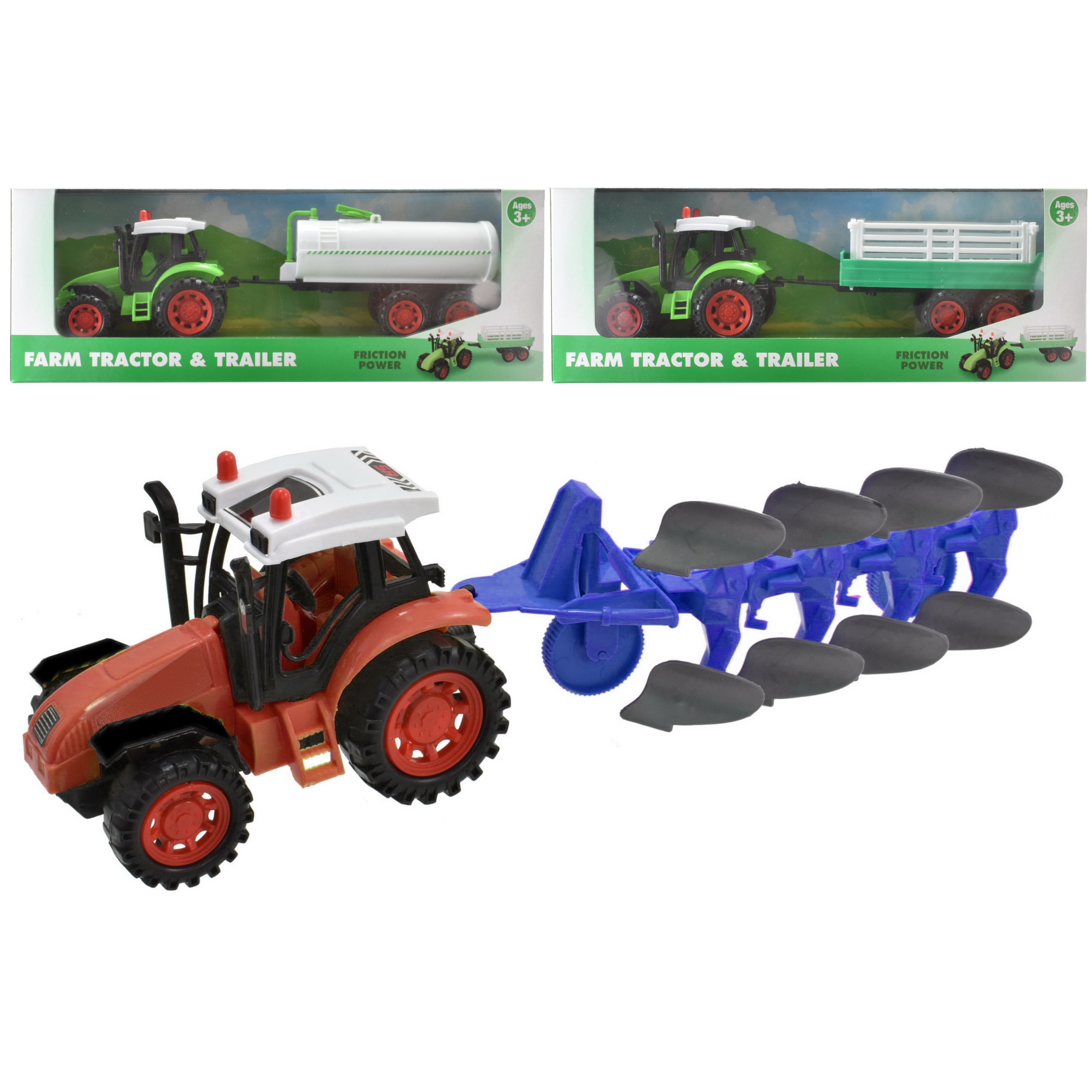 Friction Tractor & Trailer or Plough (3 asstd.) (37x13x9cm) (3+ YRS)
