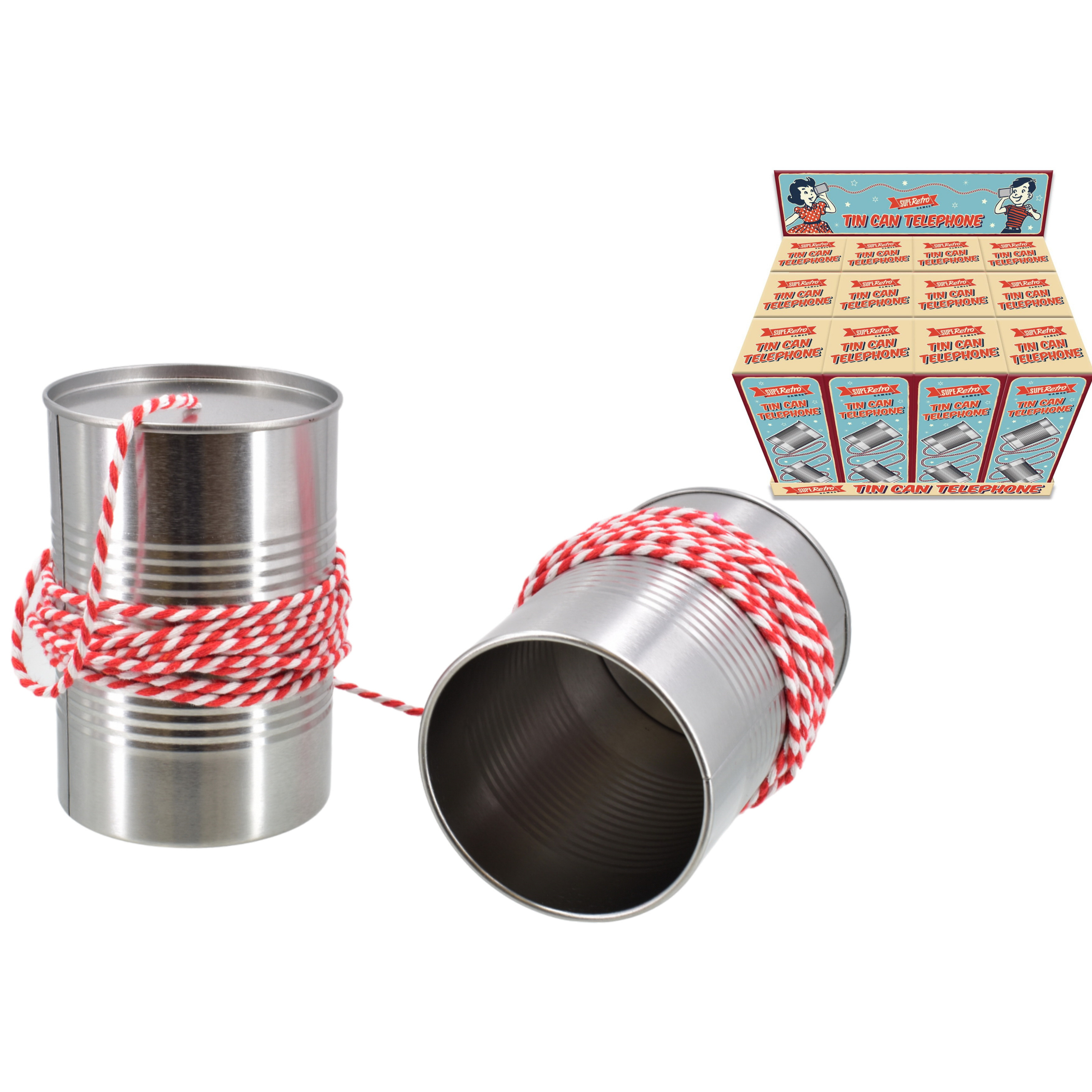 SupeRetro Tin Can Telephone in Printed Box 22.5cm (CDU) (NEW)