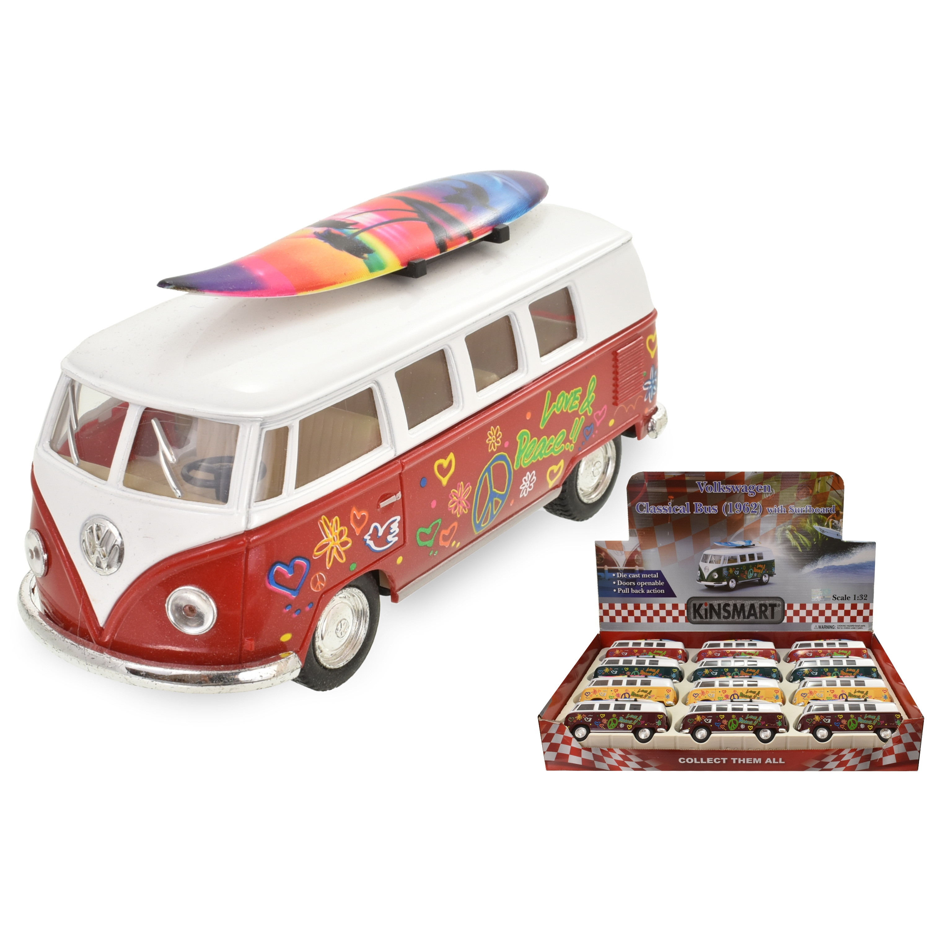 V.W. 1962 Classic Camper with Surf Board D/C, Tampo - 1:32 (display box)