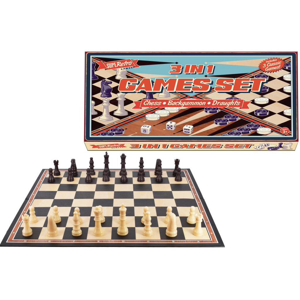SupeRetro 3-in1 Games Set - Chess, Backgammon & Draughts (boxed)