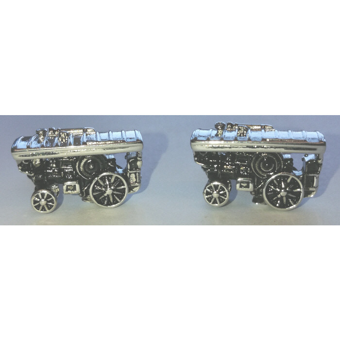 Brass / Rhodium Plated Cufflinks - Vintage Traction Engine